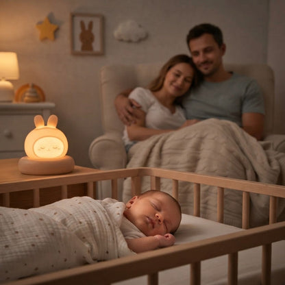 Bébé dort avec lapin veilleuse et parents relaxe