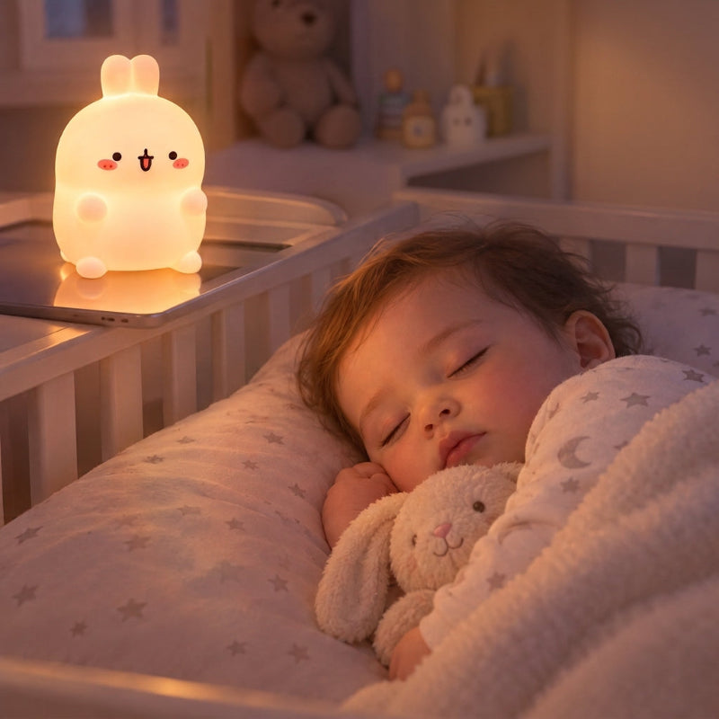 bébé dort avec sa mini-veilleuse lapin