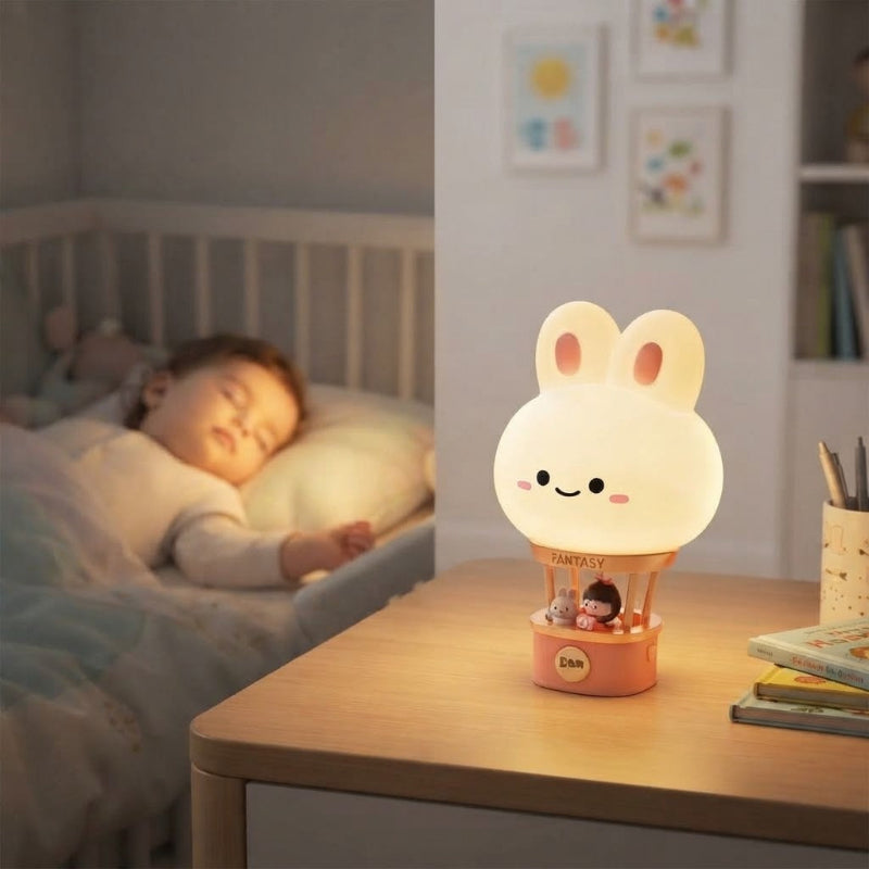 bébé dort avec veilleuse lapin sur bureau
