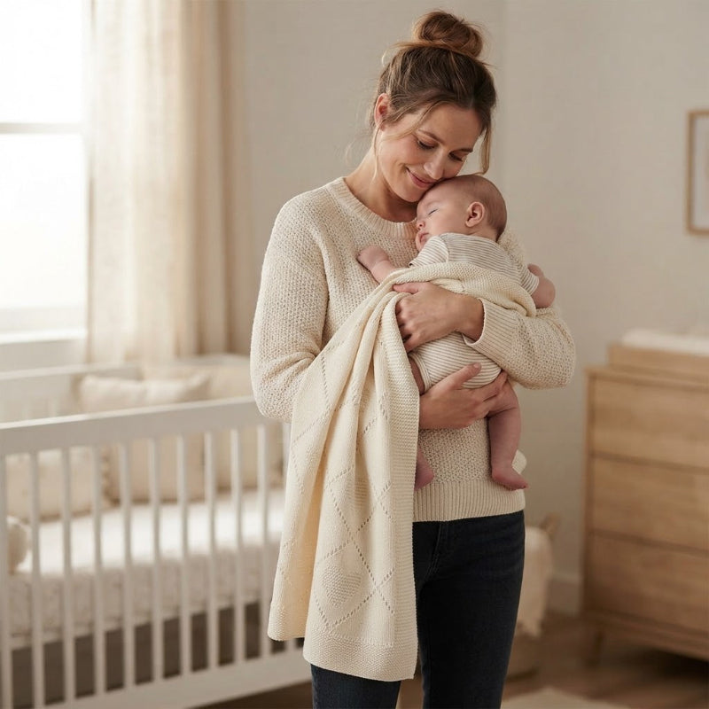 Bébé dort dans les bras de maman avec sa couverture bebe tricot