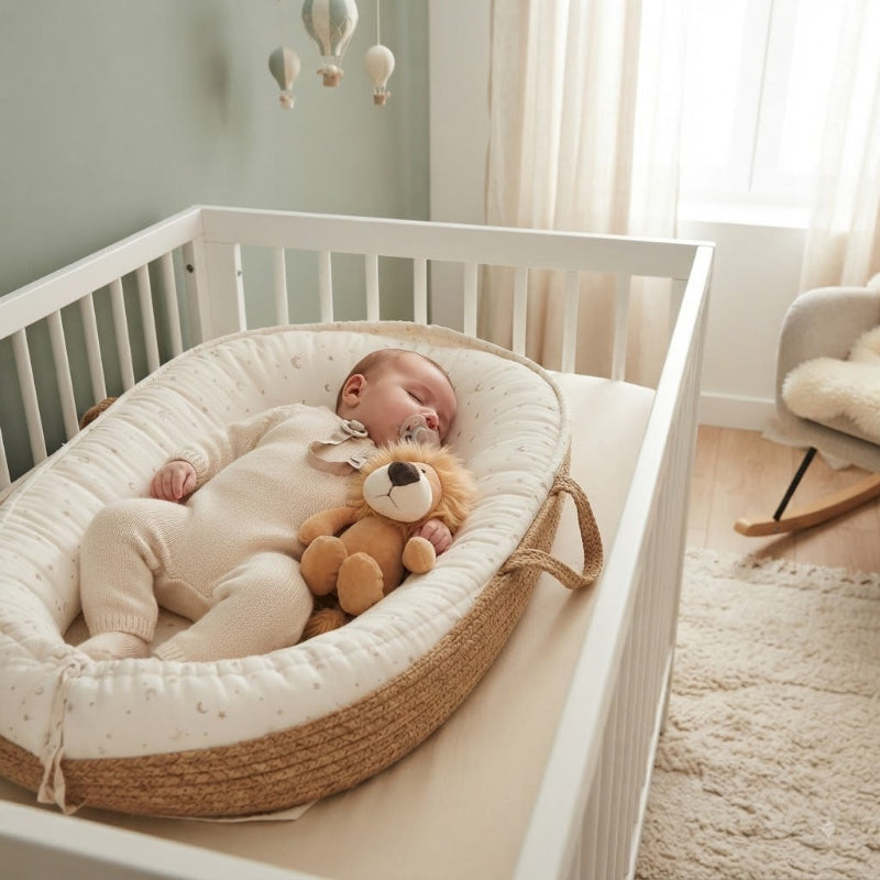 Bébé dort dans le réducteur de lit dans le berceau avec la peluche lion