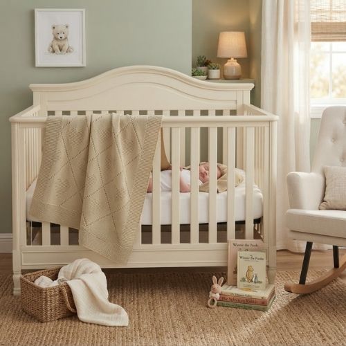 Bébé dort dans son berceau avec sa couverture bebe tricot