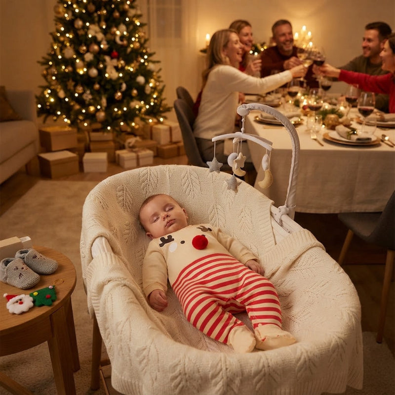 Bébé dort dans son pyjama de Noël pour bebe et la famille réveillonne.