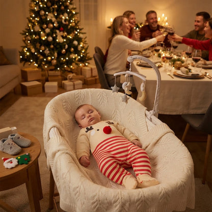 Bébé dort dans son pyjama de Noël pour bebe et la famille réveillonne.