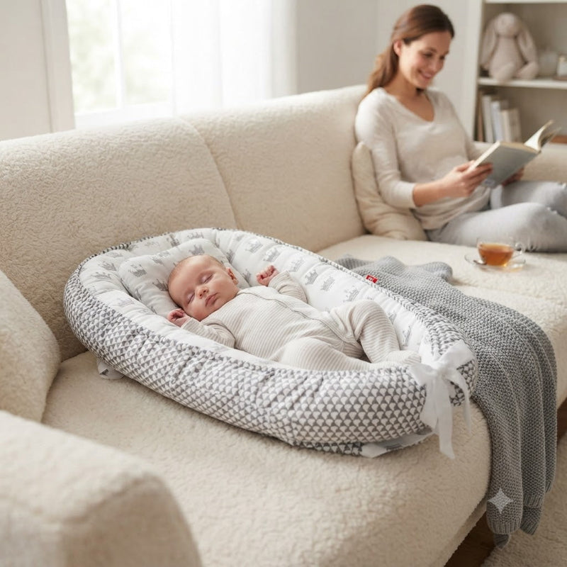 Bébé dort dans son reducteur de lit bebe sur canapé près maman