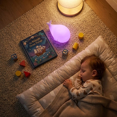 bébé dort éclairé par sa veilleuse baleine mauve
