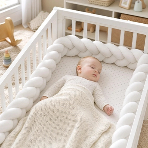 bébé dort entouré de tresse de lit blanc