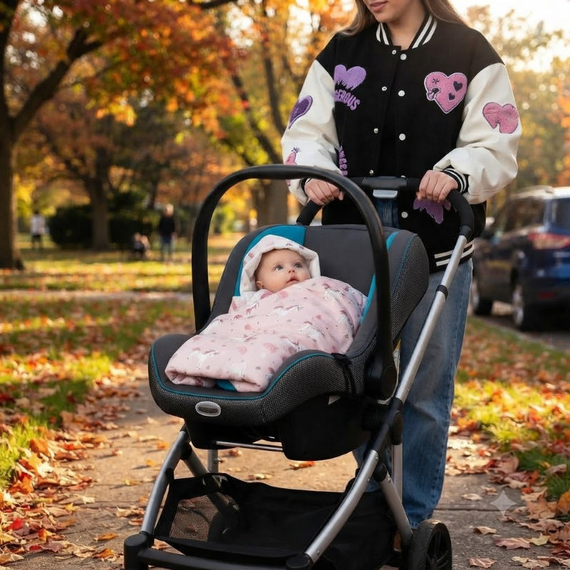 Bébé en promenade avec maman dans son nid d Ange siege auto