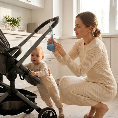 Bébé et maman préparent pour la promenade avec sucette bebe