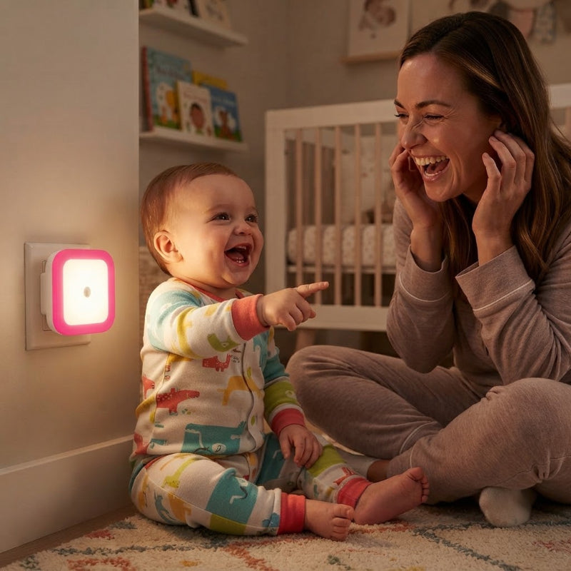Bébé et maman s'amusent avec la veilleuse murale