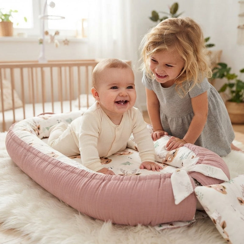 Bébé et sa sœur s'amusent avec reducteur de lit bebe nomade
