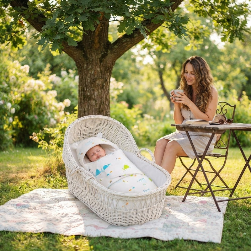 Bébé fait la sieste dans le nid d'ange avec maman tout près.