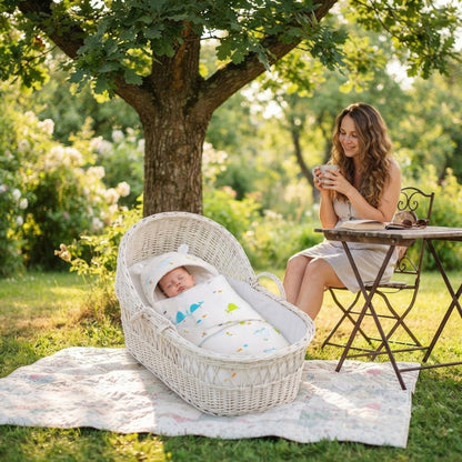 Bébé fait la sieste dans le nid d'ange avec maman tout près.