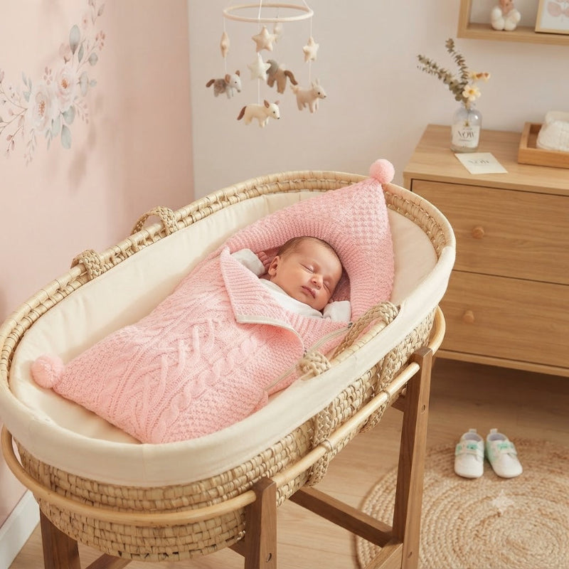 Bébé fille dort dans son berceau au chaud dans son nid d Ange cosy rose