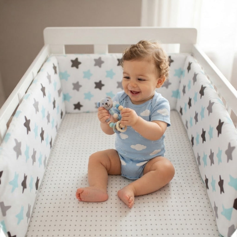 bébé garçon assis dans son berceau qui s'amuse avec un hochet entouré de son tour de lit bébé étoile bleu