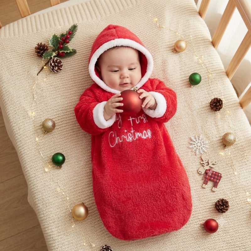 Bébé joue avec une boule de Noël dans son berceau, dans sa gigoteuse bebe