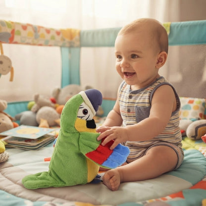 bébé parle avec sa peluche interactive