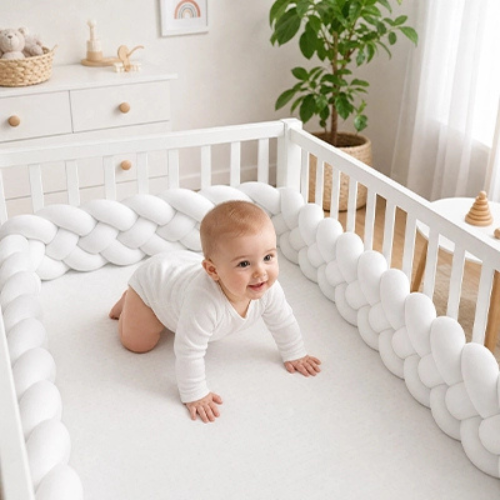 bébé à quatre pattes dans berceau et tresse de lit