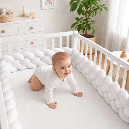 bébé à quatre pattes dans berceau et tresse de lit