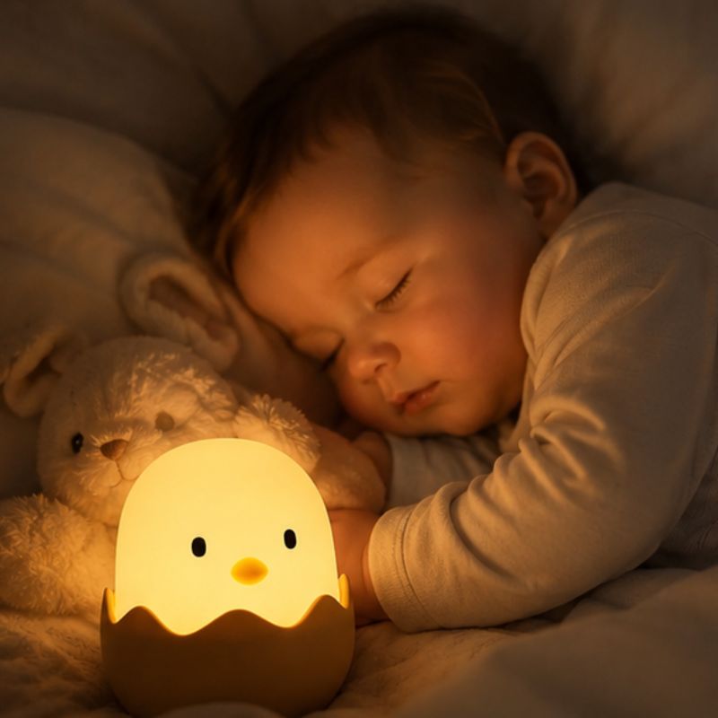 bébé qui dort avec sa veilleuse pour bebe et son ourson