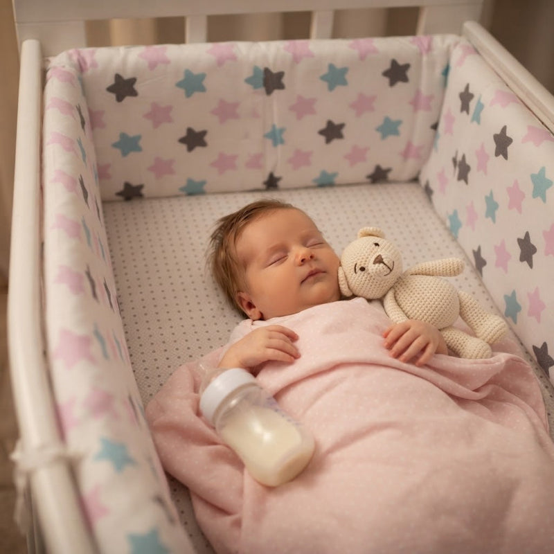 bébé qui dort entouré par tour de lit bébé étoiles