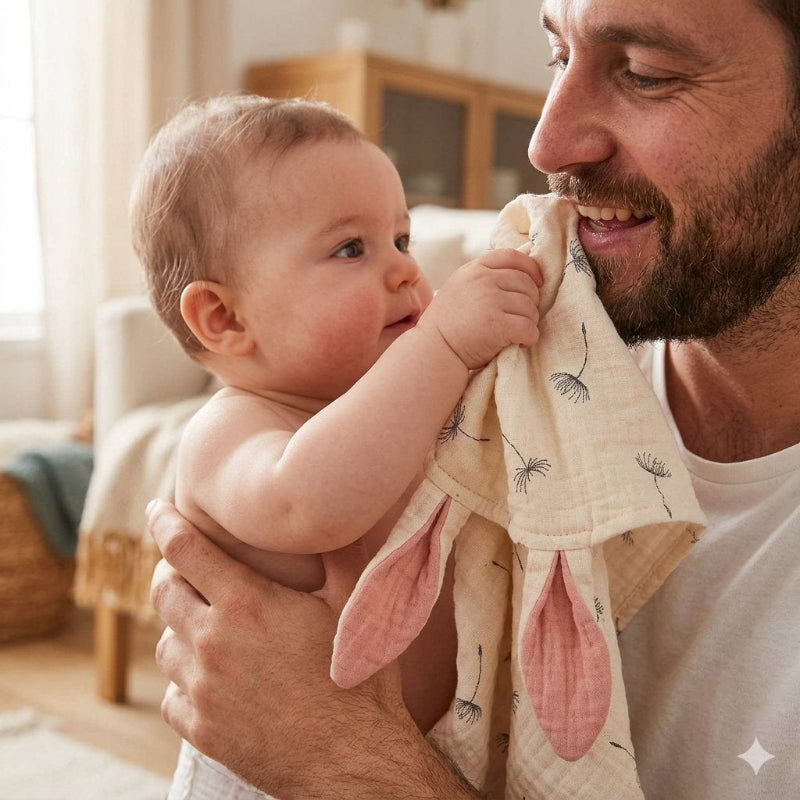 bébé qui essuie la bouche de papa avec son lapin doudou