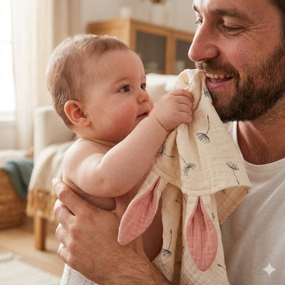 bébé qui essuie la bouche de papa avec son lapin doudou