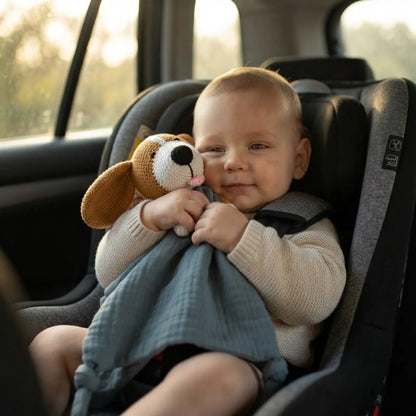 bébé qui est assis dans son siège d'auto qui fait un câlin à sa doudou pour dormir