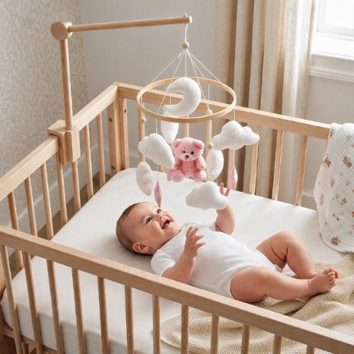 bébé qui parle avec son mobile bebe ourson rose