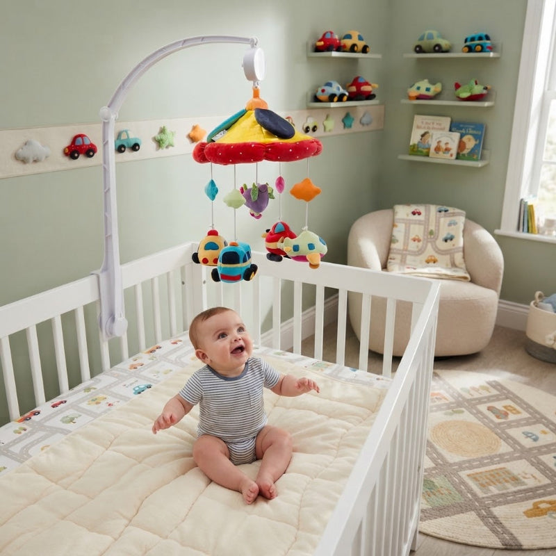 bébé qui réagit à son mobile musical bebe