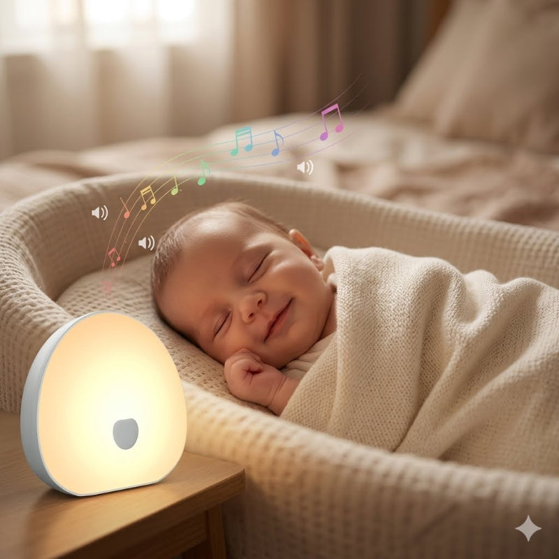 bébé qui sourit au son de sa veilleuse bébé bruit blanc