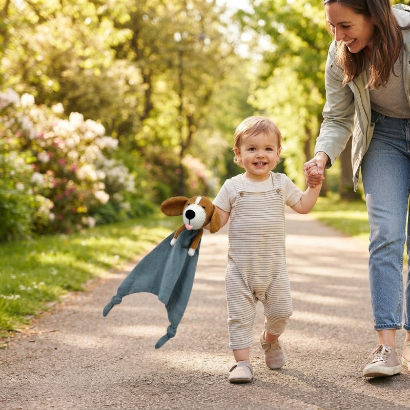 bébé qui tient sa doudou pour dormir par une oreille en prenant une marche avec maman