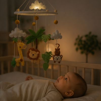 bébé regarde calmement son mobile pour bébé Safari
