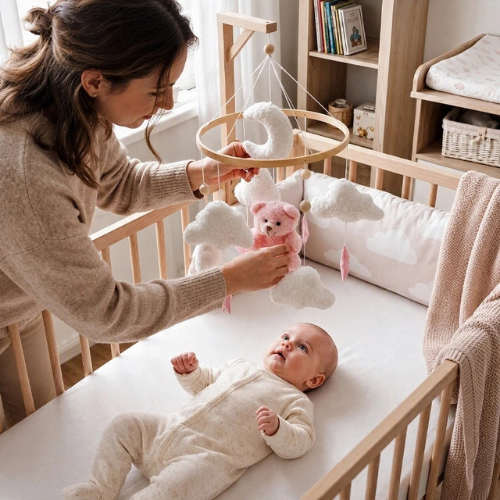 Bébé regarde maman installer le mobile bebe ourson rose