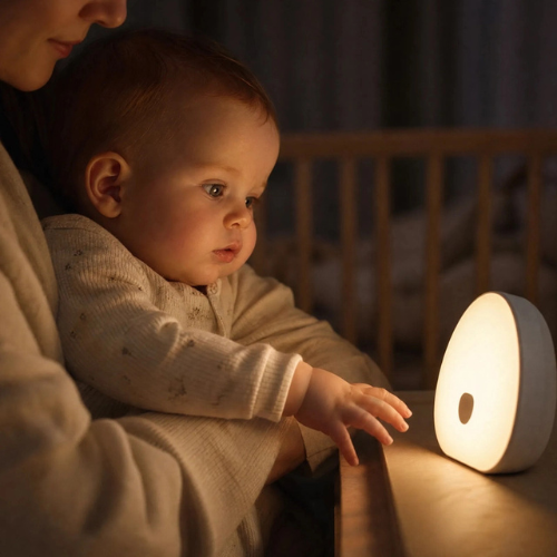 bébé regarde veilleuse bébé bruit blanc dans bras maman