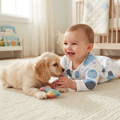 Bébé s'amuse avec son chien dans sa gigoteuse bebe