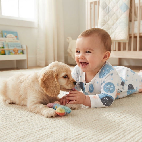 Bébé s'amuse avec son chien dans sa gigoteuse bebe