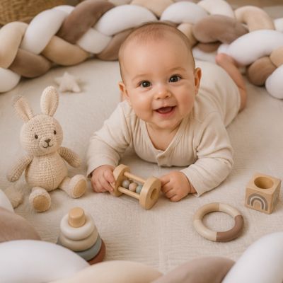 bébé s'amuse air jeux avec tresse de lit bebe