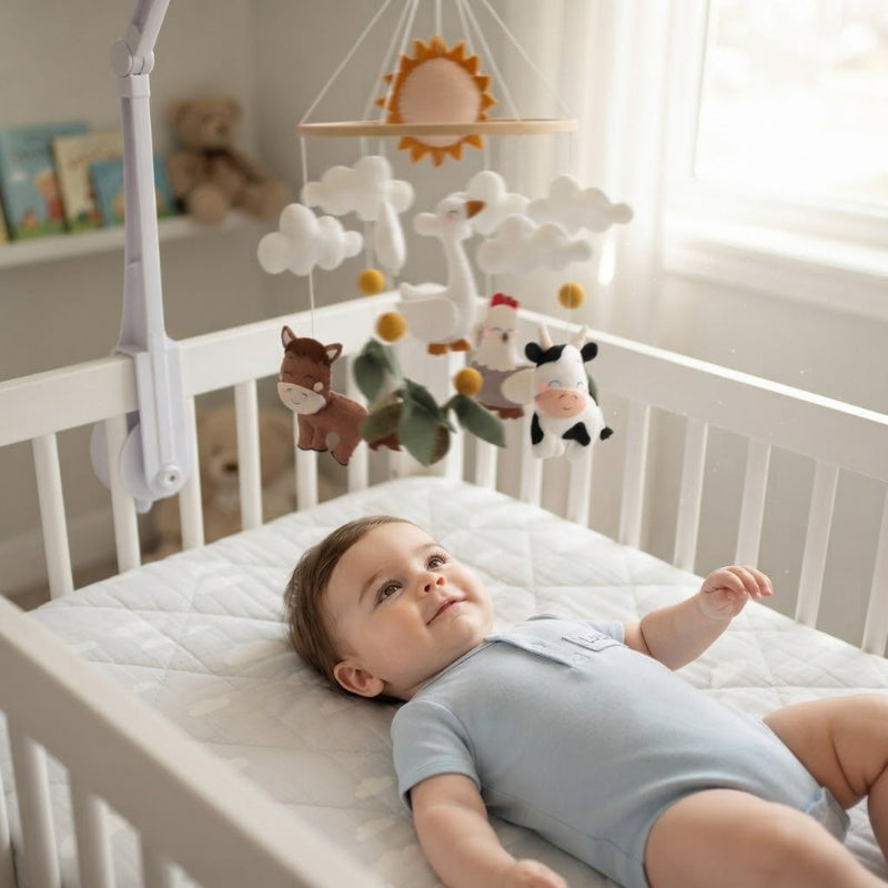 bébé se calme avec mobile bebe animaux ferme