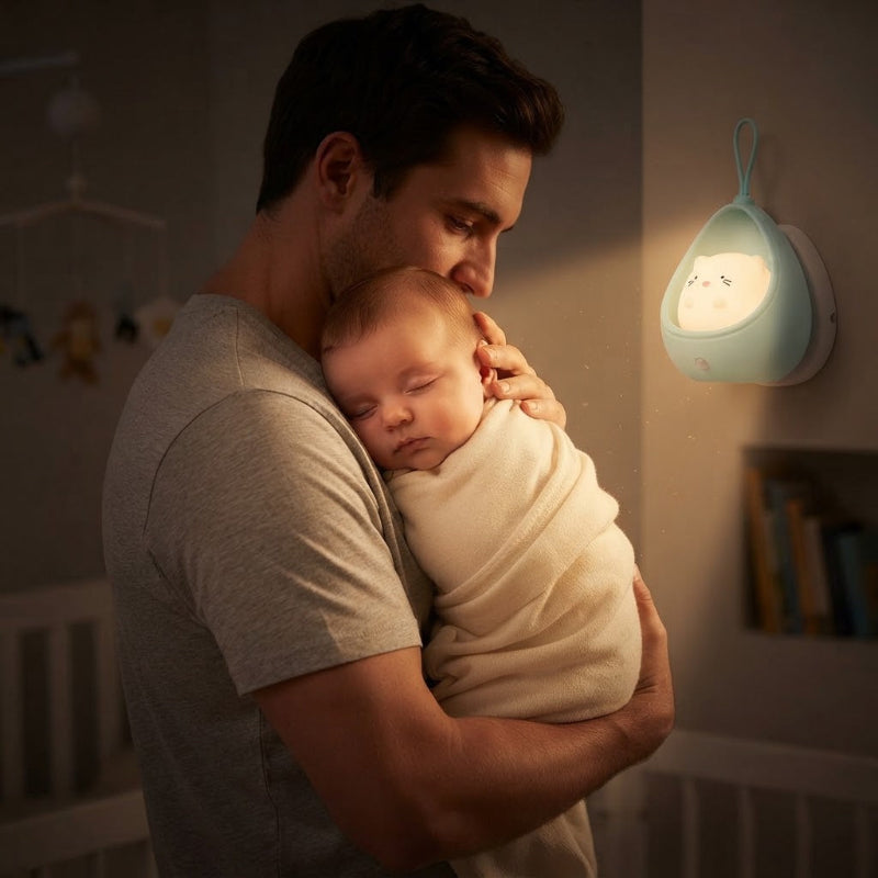 bébé se calme dans les bras papa avec veilleuse pour bebe