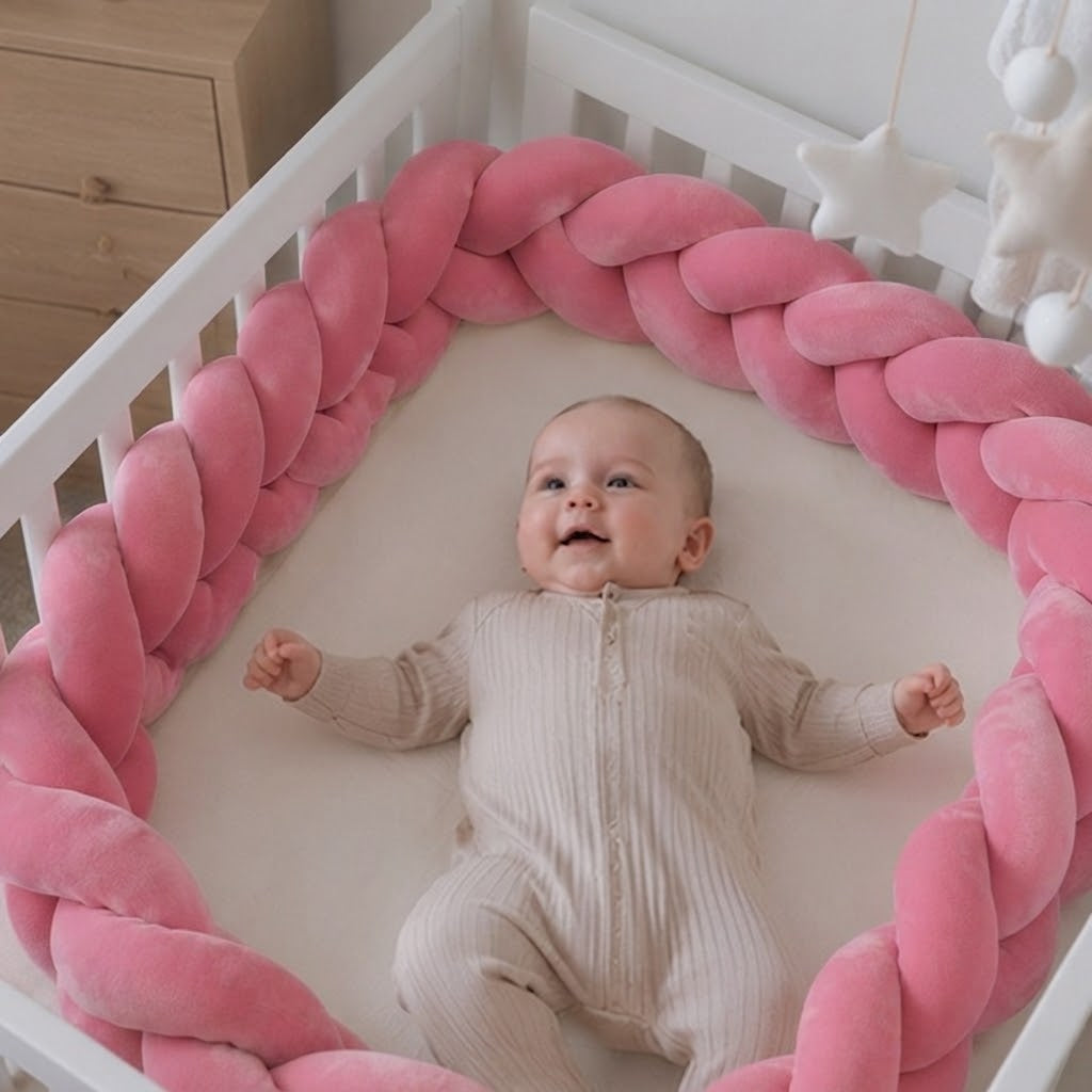 Bébé sourit à maman dans son berceau avec son tour de lit bebe