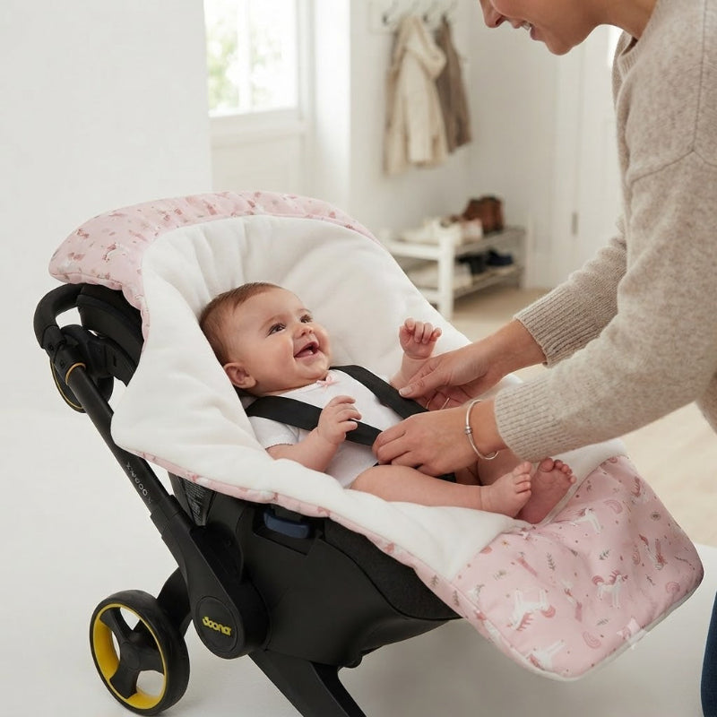 Bébé sourit à maman qui le dépose dans son nid d Ange siege auto