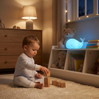 bébé s'amuse dans sa chambre avec veilleuse baleine bleu allumé
