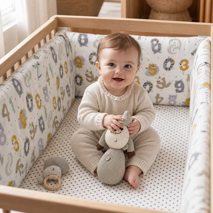 Bébé s'amuse dans son berceau entouré de tour de lit bebe
