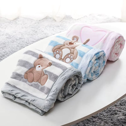 Couverture bébé naissance chien bleu, cœur rose, ours brun