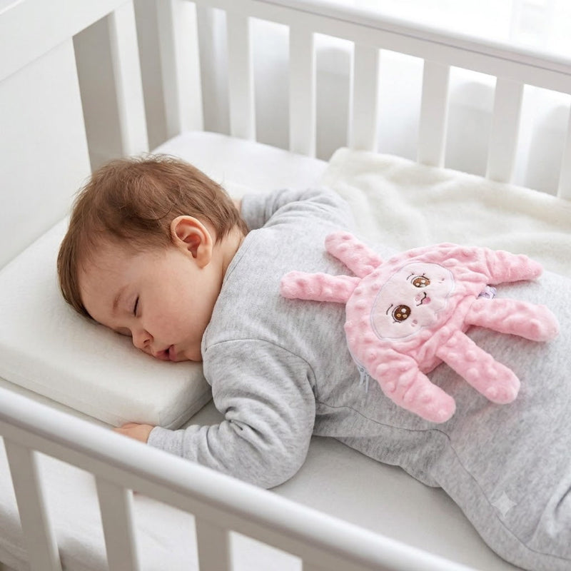 Bébé dort sur le ventre avec doudou bebe main sur les fesses
