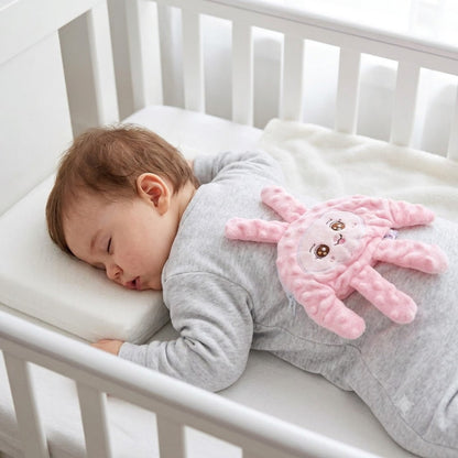 Bébé dort sur le ventre avec doudou bebe main sur les fesses