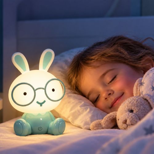 enfant qui dort avec veilleuse lapin à lunettes