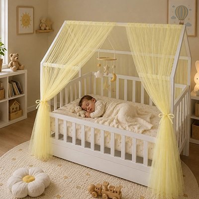 enfant qui dort dans son lit avec son ciel de lit d'enfant