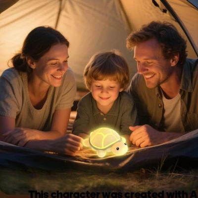 famille en camping avec veilleuse bébé